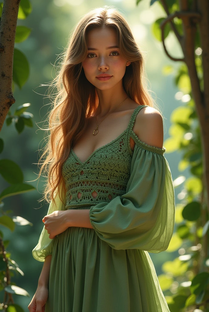 A girl wearing a  green colour cotton skirt with deep green colour crochet top with full sleeve 
