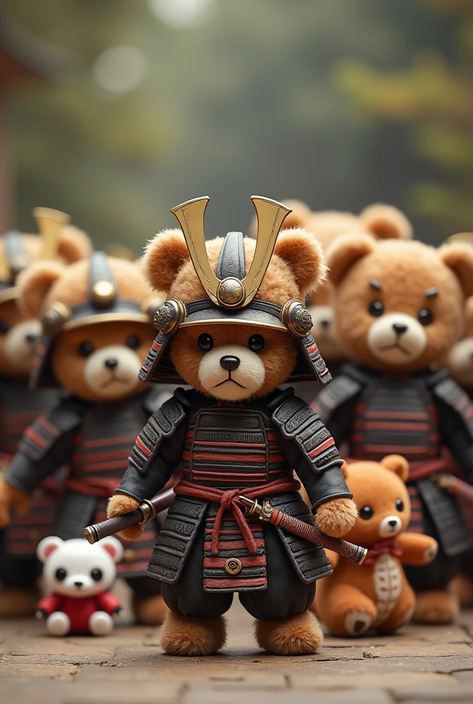 A teddy bear dressed as a samurai　Bring along your stuffed animal companions　All the stuffed animals are bears　I don&#39;t need a panda　Make them all teddy bears　10 friends is good
