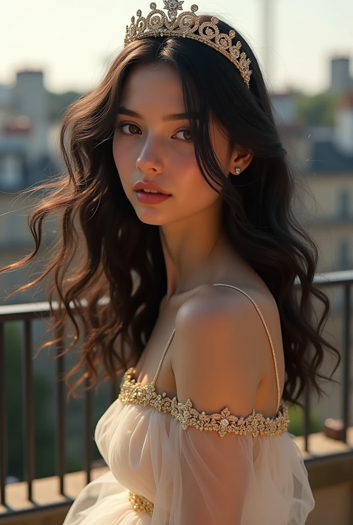 A very pretty girl with delicate and pale skin with pink lips and very black and half wavy hair on the terrace of an apartment in the city of London with the morning light illuminating her face and the wind ruffling her hair with a very beautiful brando dress and a tiara on her head. The girl is pure and has an innocent look with slightly pink cheeks of Greek appearance with hazel eyes. She is a Greek girl turning her head slightly, . 
 