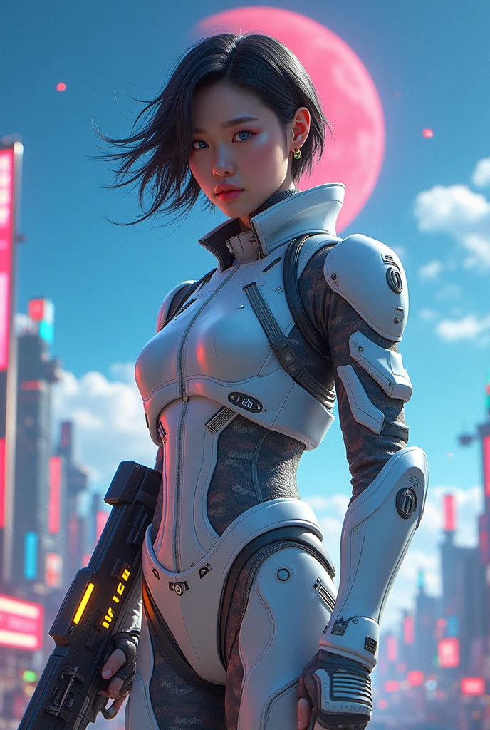 (masterpiece, best quality, beauty, best ratio, best shadows,best Illustration, wallpaper size,1080×2400 pixels,detailed face,pastel colors, futuristic theme, detailed)
uhd, korean female, korean beauty like tae yon, full posture fully visible, shining blue sky eyes, windblown short hair, wear dominant camo colour and silver full armory leather, white boots, hand holding futusistic neon riffle emits gold energy, standing standing in front of a futuristic city with many colorfull glass houses. outer space, big neon billboard, big red moon seen on far away. use the RenderMan renderer.digital art.High definition, high contrast, high color saturation ,128k,cinematic lighting, intricate,cinematic advertising photograph,cinema lens,high res.