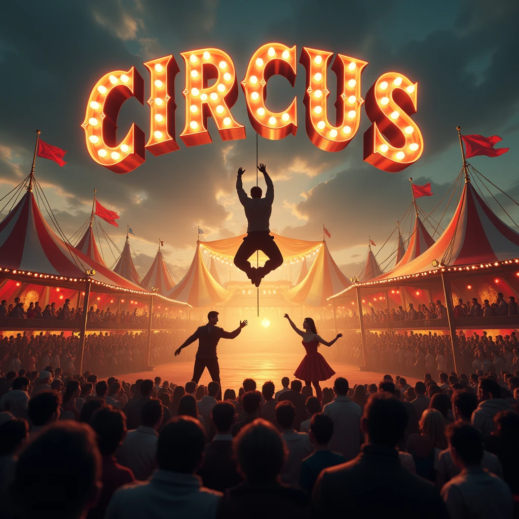 design cinematic circus pic with huge crowd of people and circus written in above camp