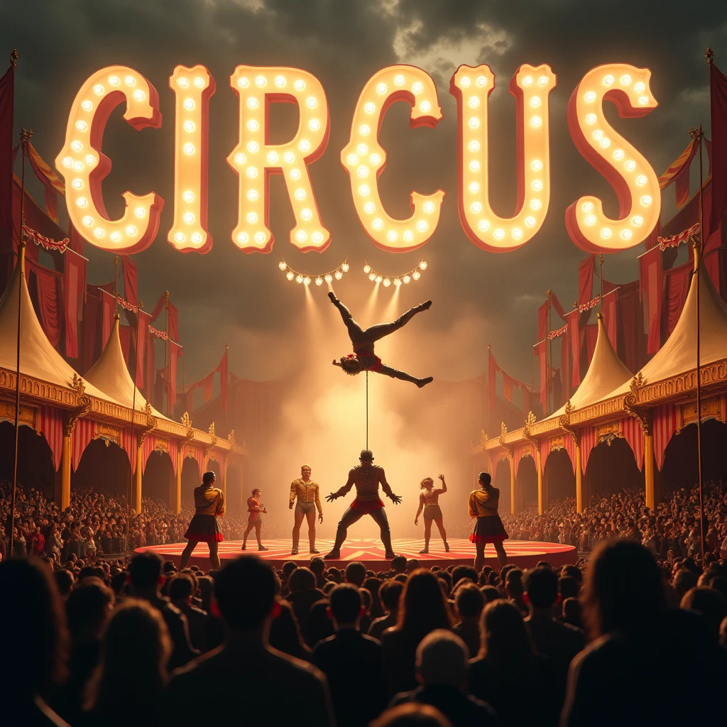 design cinematic circus pic with huge crowd of people and circus written in above camp