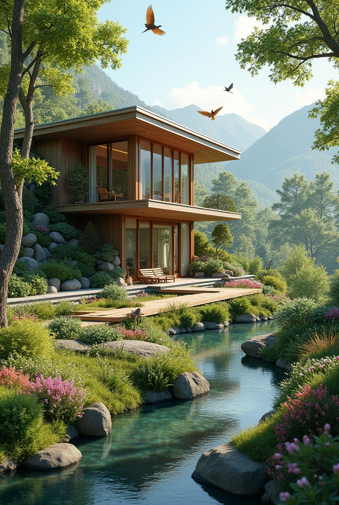 Describe a beautiful scene where nature and a house are harmoniously integrated. The setting includes a picturesque landscape with lush greenery, vibrant flowers, and perhaps a serene water feature like a pond or stream. The house is designed to blend seamlessly with the natural surroundings, featuring large windows, natural materials, and an inviting porch or deck. Emphasize the way the house takes advantage of its natural setting, with elements like garden paths, outdoor seating areas, and landscaping that enhances both the home and the environment." Many animals