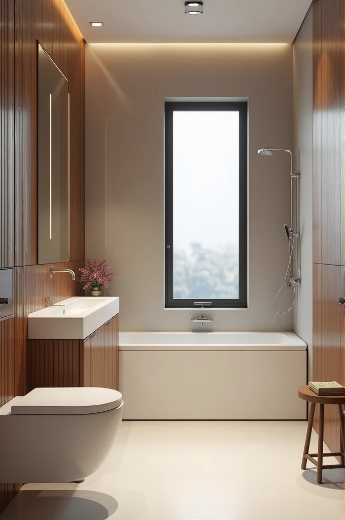 contemporary bathroom , small frosted glass window, super realistic render vray, wooden panel ,premium bathroom design, Cinematic Soft Vray,high quality rendering, render vray, Smooth, studio-quality rendering, vray 8k rendering, very realistic 3D rendering, render in vray, very realistic render
