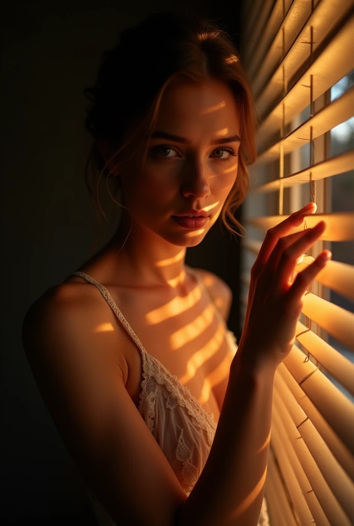 Portrait, masterpiece,best quality,official art, extremely detailed CG unity 8k wallpaper,absurdres,8k resolution, hyper realistic, ultra realistic, highly detailed, intricate detailed,
A beautiful Russian girl, 20 years old, sexy moist lips, wearing white lace spaghetti strap night dress, in very dark room, standing by the window with horizontal curtain blinds, the sunset light outside entering through the gaps of the curtains (((forming a sharp striped horizontal pattern on her face))), warm color grading, her hand slightly touching and opening the curtains for peeking outside, she's looking outside the windows. High contrast photo, strong shadow and highlight, ((dramatic lighting, low key photography)), her silhouette illuminated by a warm backlight. The hot light from behind creates a soft, golden glow around her figure, highlighting the curves of her body in a delicate and sensual manner, close photo taken