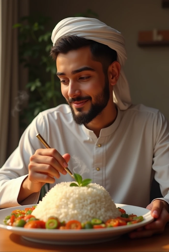 Make me a picture of a young man eating rice White Muslim as a side dish