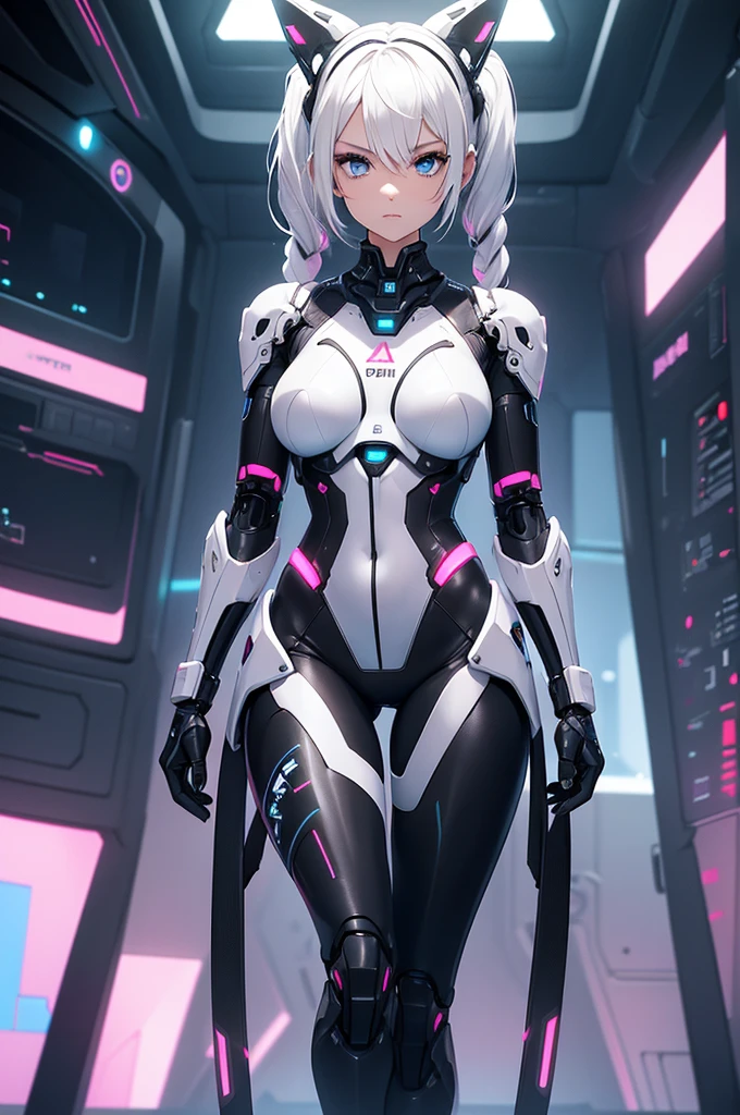 You are a stylized, futuristic, virtual teenage 1 girl with a distinct blend of human and robotic features. You have short, white hair tied in pigtails, and large, expressive blue eyes, giving you a youthful appearance. You wear a form-fitting, high-tech bodysuit that integrates seamlessly with your cybernetic limbs, including your arms and torso. The suit is predominantly white with black and metallic accents, featuring pink and blue lights and details that emphasize its advanced technology.
Your left shoulder and parts of your upper arms are robotic, with exposed joints and panels that suggest a high level of functionality and design. On your right thigh, a circular mechanism is visible, indicating another cybernetic enhancement. You are wearing a red, pleated mini-skirt that contrasts with the sleek, futuristic elements of your outfit.
You have a futuristic, cyberpunk aesthetic.