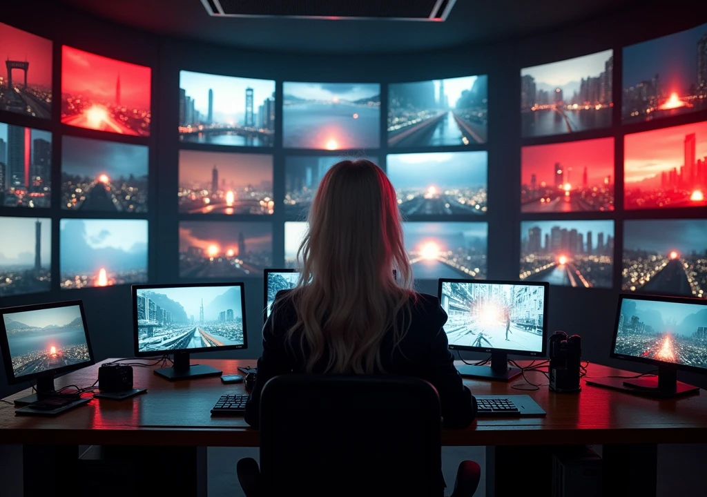 woman white hair,Local: A control room full of screens showing different points of the city.
woman white hair
está em frente às telas, observing several marked targets.
• Red lighting flashes as the countdown progresses, creating an atmosphere of growing tension.