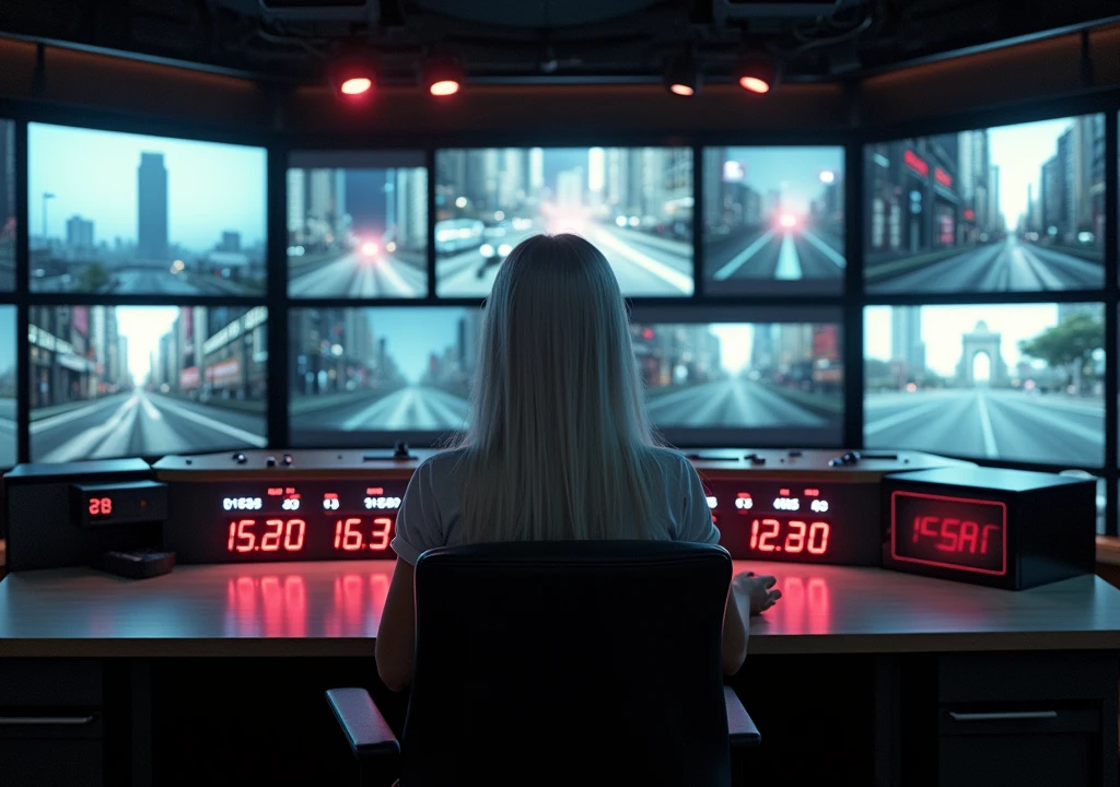 woman white hair,Local: A control room full of screens showing different points of the city.
woman white hair
está em frente às telas, observing several marked targets.
• Red lighting flashes as the countdown progresses, creating an atmosphere of growing tension.