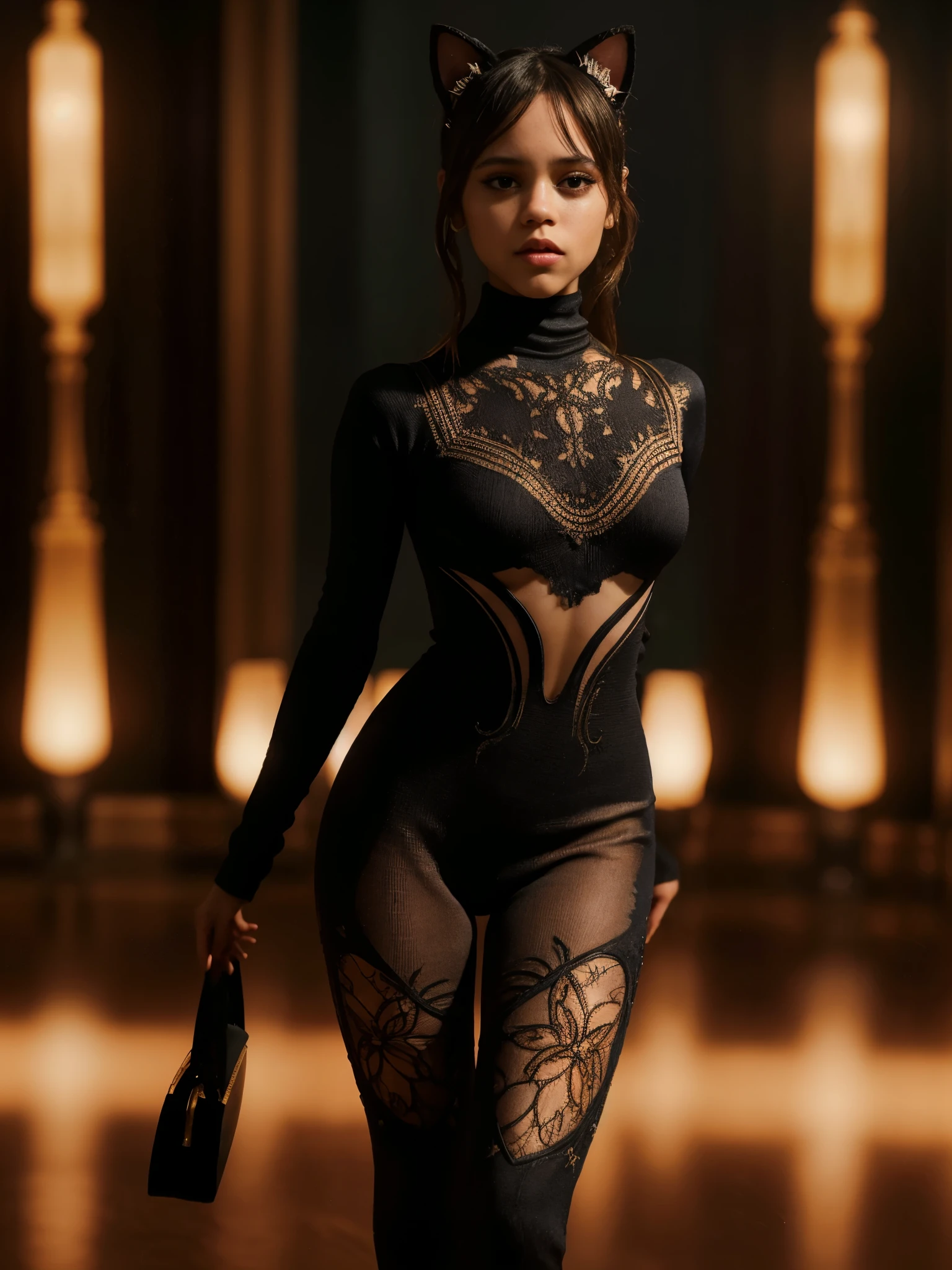 a beautiful girl, Jenna Ortega in a catsuit with woolen tights, cat ears, full body, highly detailed, masterpiece, photorealistic, 8k, best quality, intricate details, elegant, graceful pose, finely detailed facial features, high fashion, beautiful vibrant colors, dramatic lighting, cinematic composition, award winning artwork