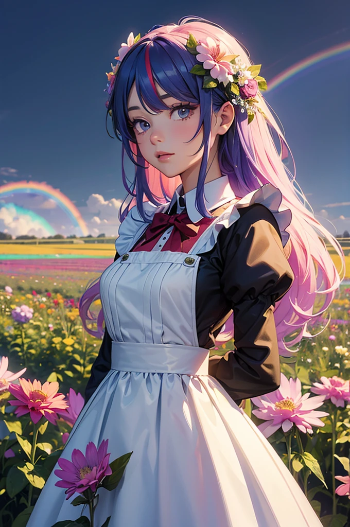 A girl with long rainbow hair is wearing a maid outfit and standing in a flower field with lots of big flowers. Upper body