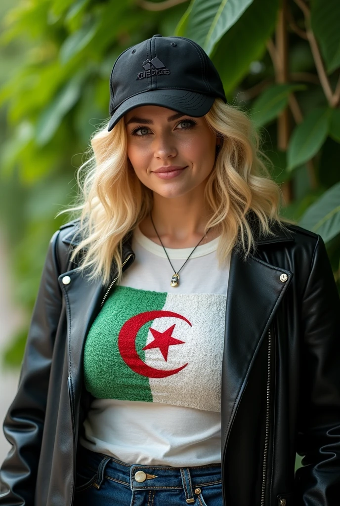 Close up, blonde, plump woman . Wearing a black leather coat, white Adidas hat, T-shirt embroidered with the Algerian flag in white and green, green nature background