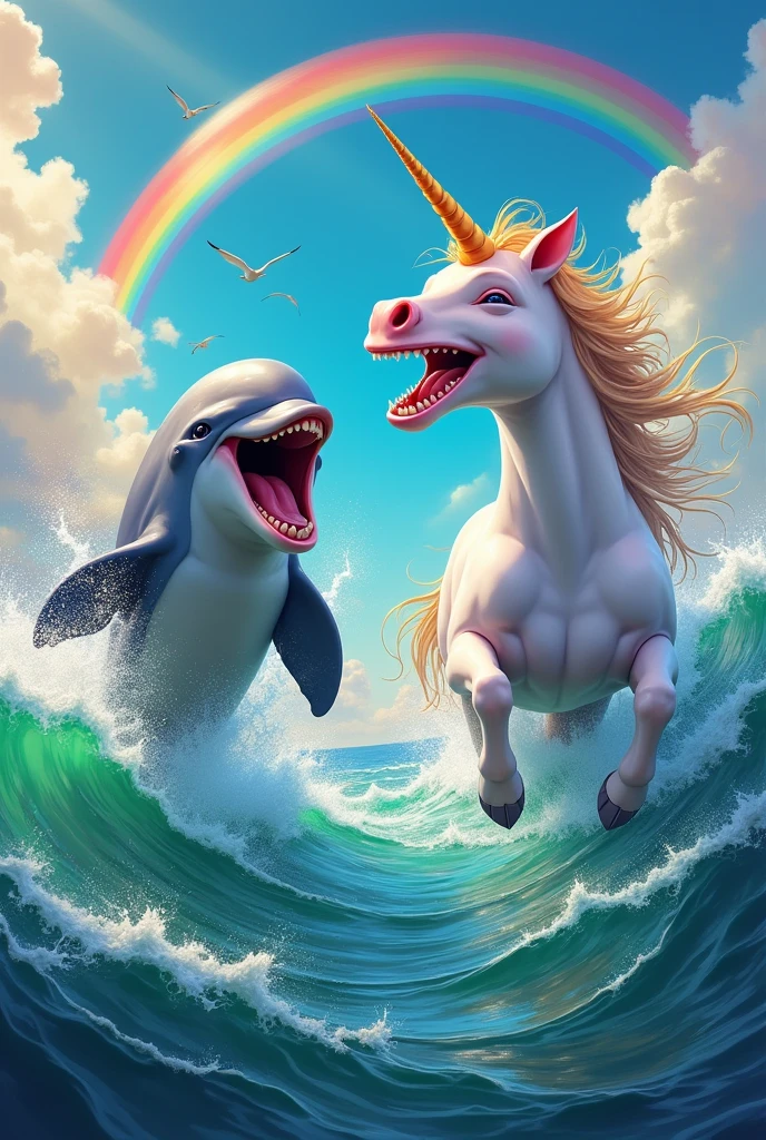 An image of a laughing dolphin with a crazy expression and a laughing unicorn with a crazy expression,out in the sea with lots of colors and rainbows and flying with lots of colors, realist