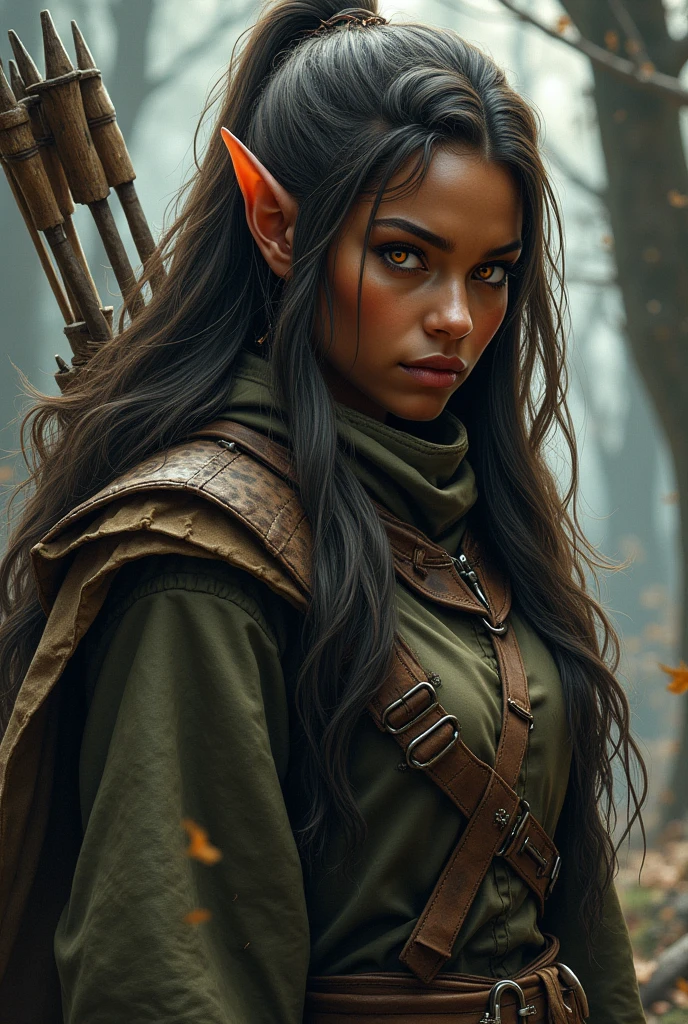 Black-skinned elf with long brown hair with white streaks in her hair and light orange eyes, and adventurous archer clothes