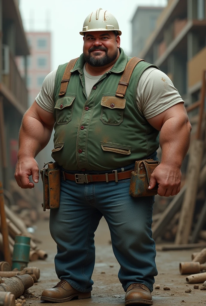 heavyset builder man, with green vest, blue pants and white helmet