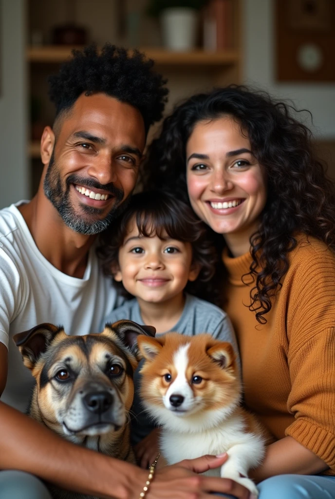 Create a photo that has a family that is made up of a Brazilian man, a colombian woman, a , an , a cat and a dog.