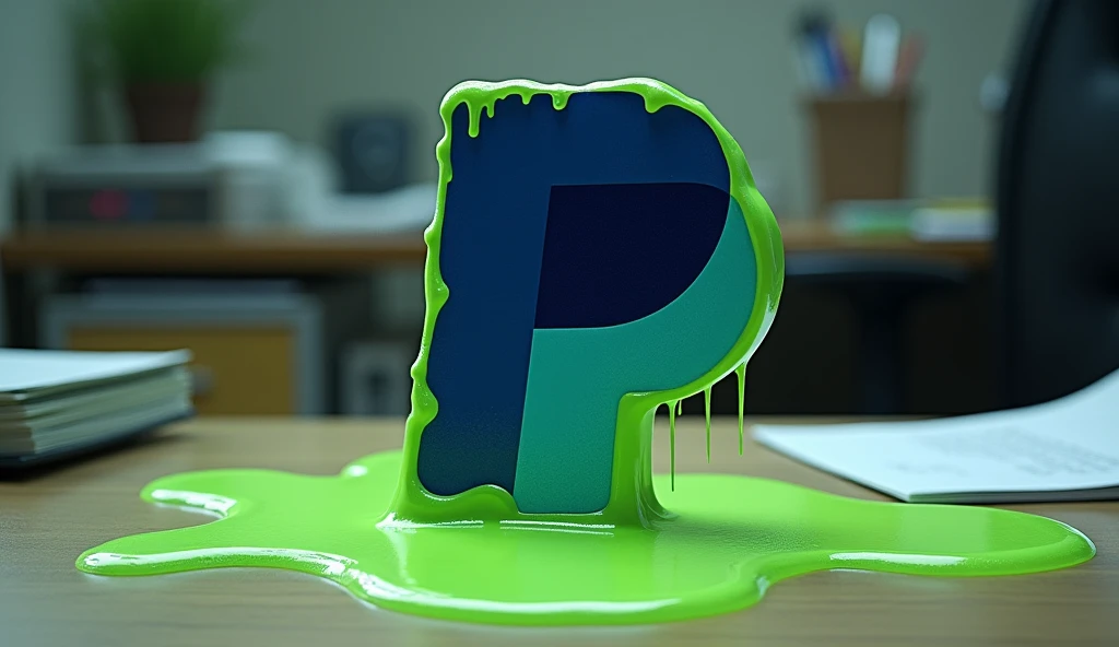 PayPal logo smeared with toxic green slime on an office desk, conveying the idea of corruption