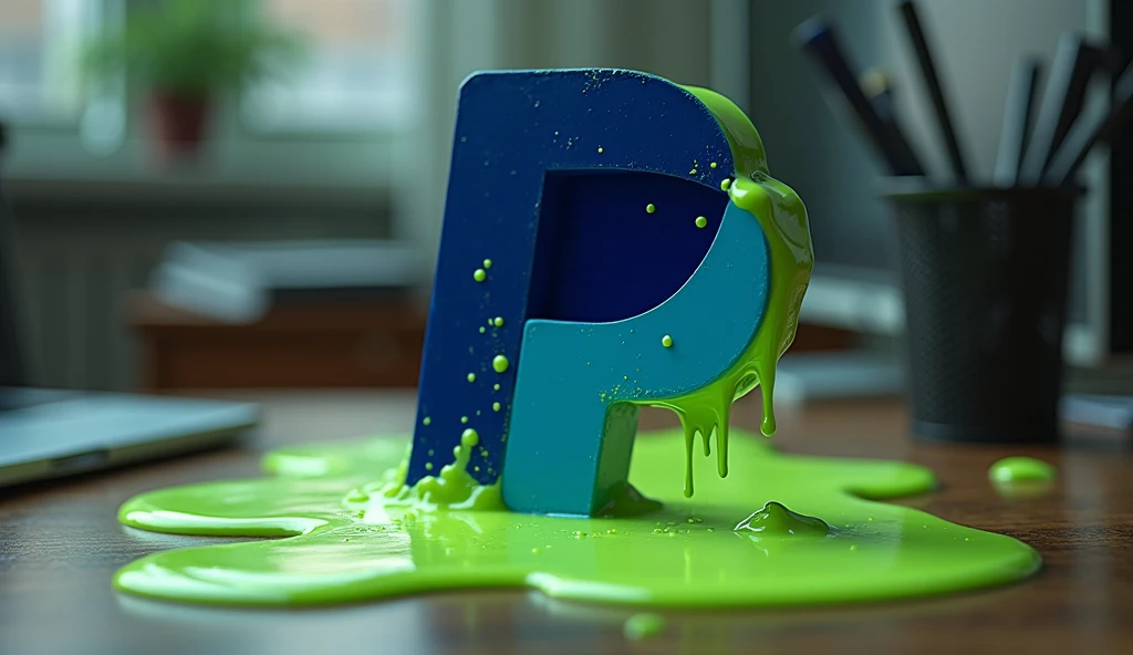 PayPal logo smeared with toxic green slime on an office desk, conveying the idea of ​​corruption