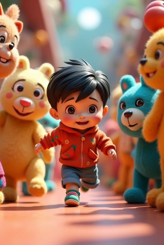 Oriental child skipping the turn of others in a line of toys and going to the first place, 3d