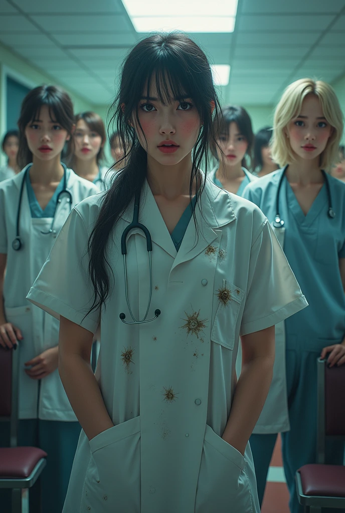 Generate an image of female doctors setting in the seminar room of the hospital in the very bad conditions like harassed someone. With scratches on the aprons
