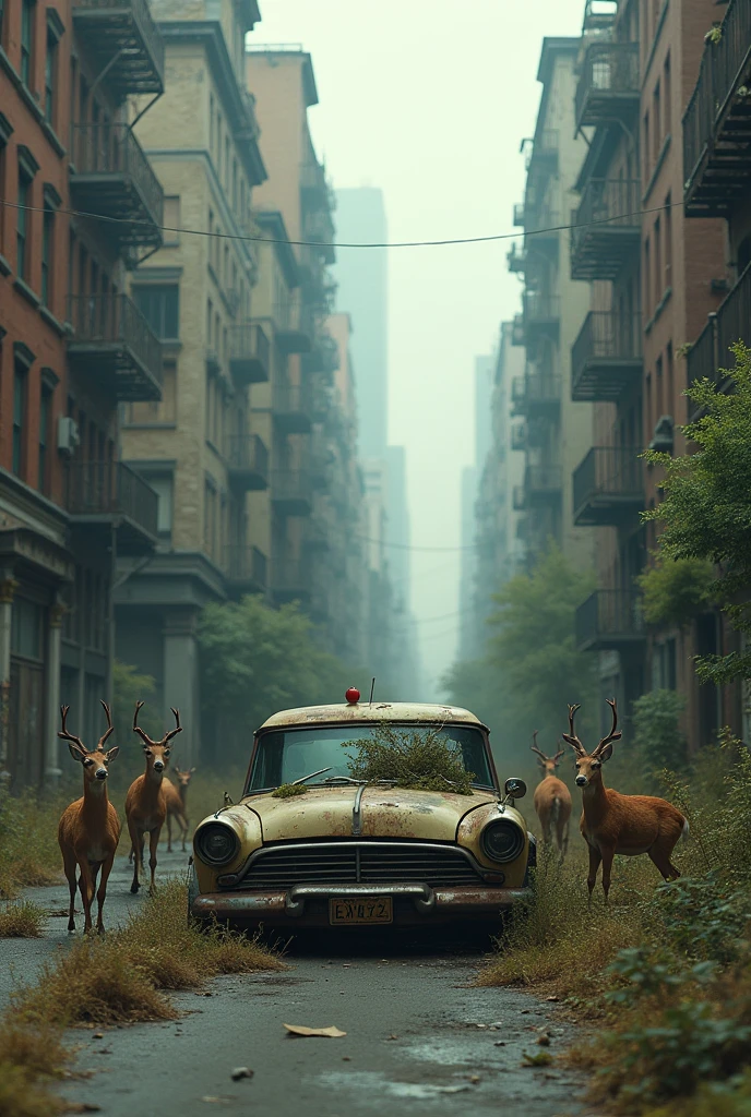 street view of new york, post apocalyptic picture, abandoned rusted car, the nature conquered back its territory, there is a deer family