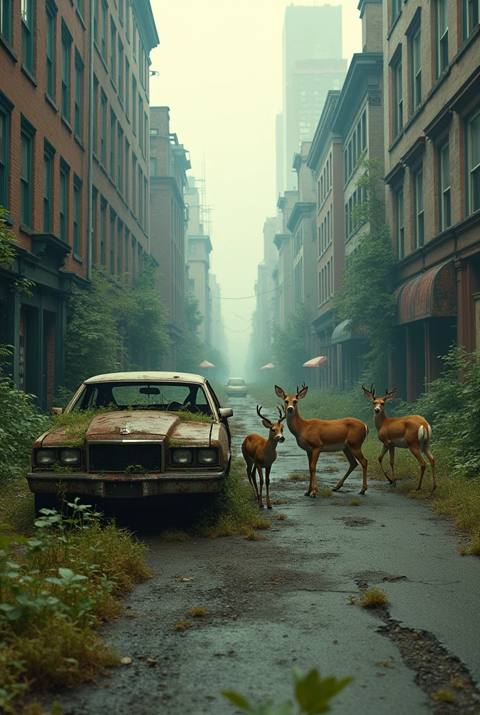 street view of new york, post apocalyptic picture, abandoned rusted car, the nature conquered back its territory, there is a deer family
