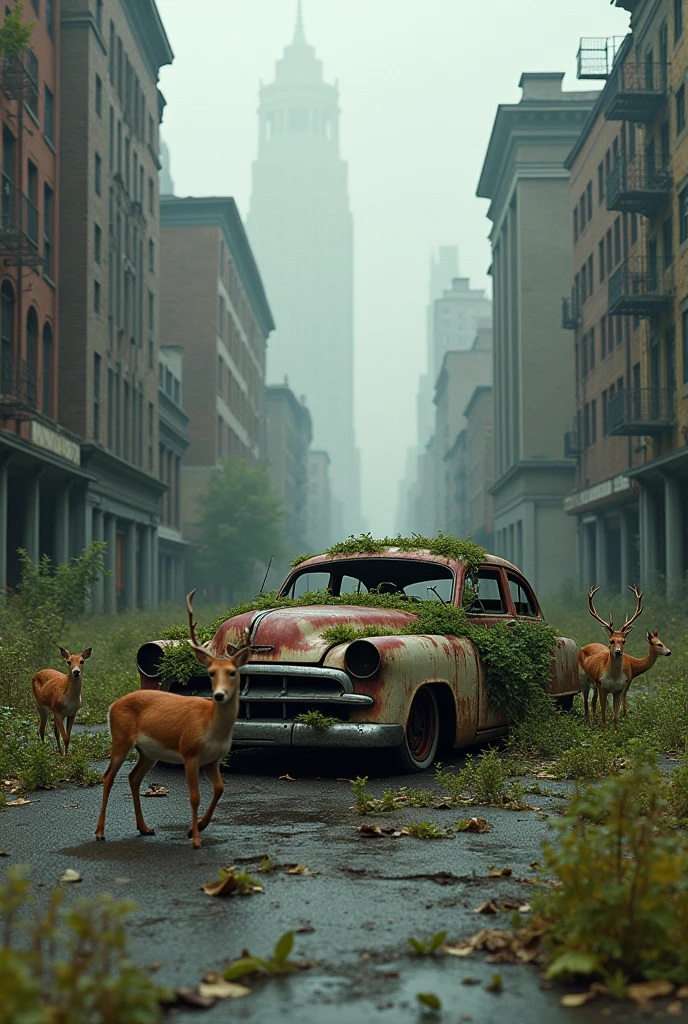 street view of new york, post apocalyptic picture, abandoned rusted car, the nature conquered back its territory, there is a deer family