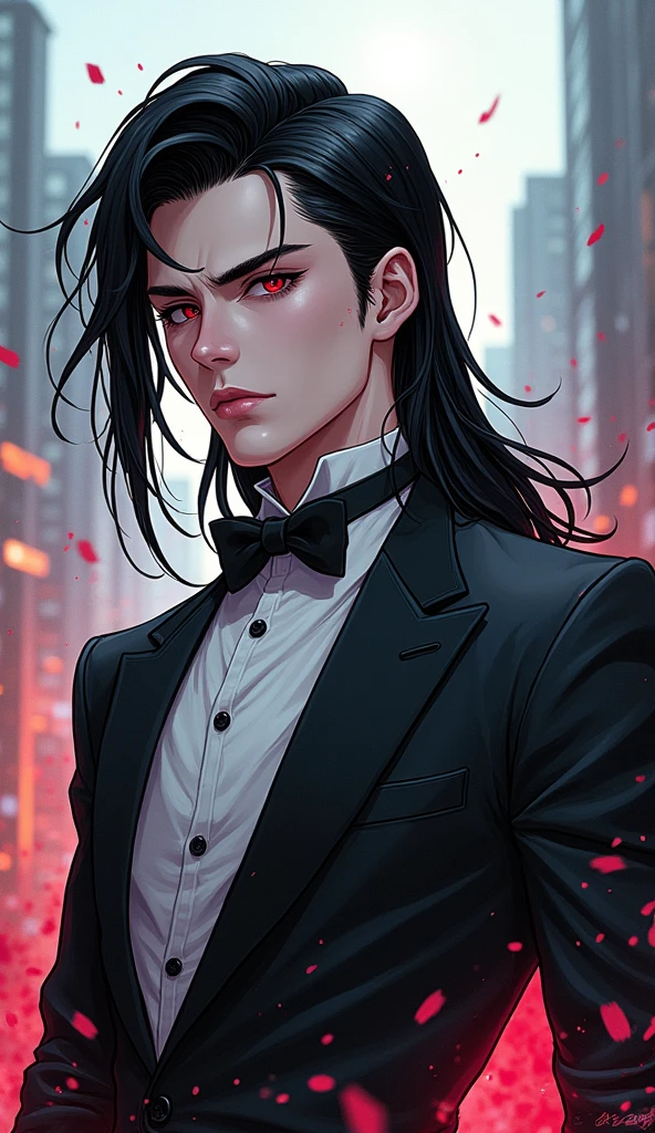 Anime-style character design, white male protagonist with long, sleek black hair cascading to his shoulders, elegantly styled for maximum impact, dressed in a chic grey tuxedo tailored to perfection, striking vampiristic features reminiscent of Henry Cavill illuminated by moonlight, vivid reddish eyes exuding an enchanting glow, embodying both charm and mystery, intricately detailed structure highlighting angular cheekbones and bold jawline, seamless artistic fusion of vintage comic book aesthetics and modern anime style, dynamic pose suggesting both fluidity and confidence, capturing the energy and charisma of this captivating character within an urban fantasy context, abstract city skyline faintly blurred in the background, vibrant splashes of color around the character enhancing the visual narrative, rich contrasts and smooth gradients create depth and dimension, meticulously applied cell shading technique emphasizing the tuxedo's texture and the gleam of his hair, whimsical stylistic elements inspired by Urban Rivals blending harmoniously to heighten the character's appeal, artistic expression reaching a crescendo to deliver a masterpiece that captures the viewer's attention and imagination