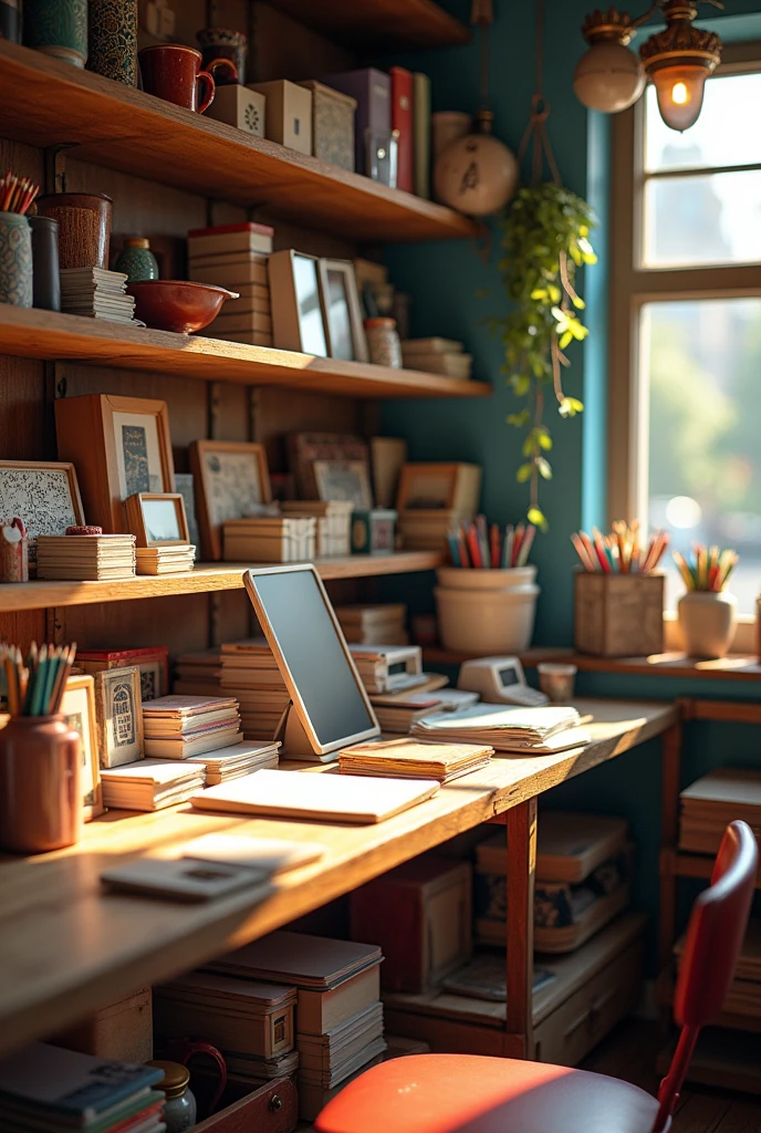 (photorealism:1.2), PHOTOGRAPH OF A SMALL STATIONERY SHOP, FULL OF PAPER BOXES, pencils, PENCILS AND CALCULATORS
