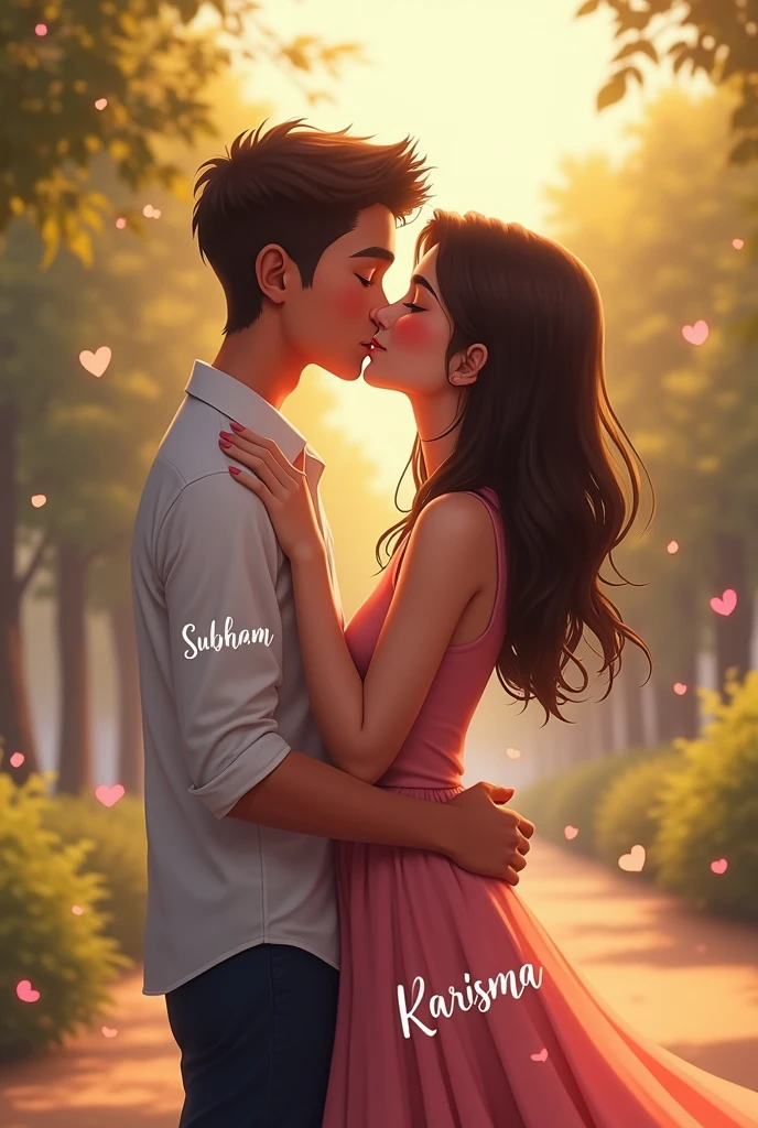 A 20 year boy wearing subham name print dress and kisswith a 20 year girl wearing Karisma name print dress 