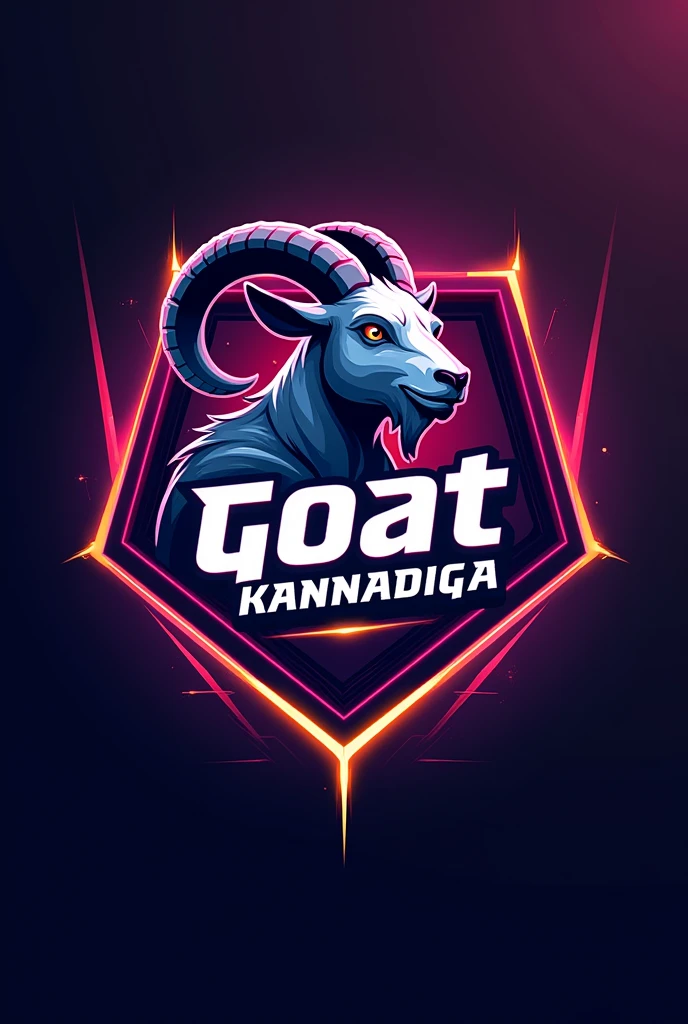 This is a gaming logo that features the name "GOAT KANNADIGA" in a futuristic font style and a mixed color. and Goat avtar, The logo also has a stylized emblem icon and the name should inside the emblem. The logo is designed to be attractive and eye-catching, and to appeal to gaming enthusiasts.