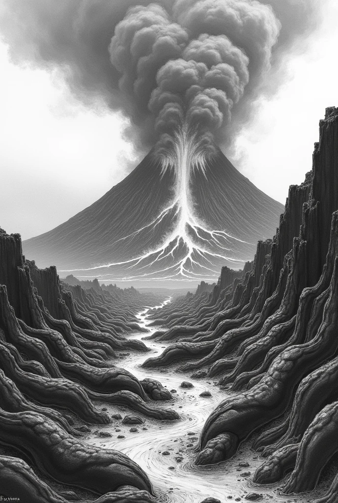 Volcano erupting and larvae coming towards the viewer of the image, Avalanche of volcano larvae, black and white drawing, pencil draw
