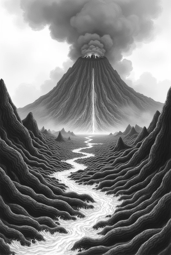 Volcano erupting and larvae coming towards the viewer of the image, Avalanche of volcano larvae, black and white drawing, pencil draw