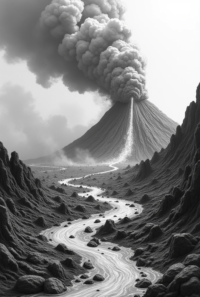 Volcano erupting and larvae coming towards the viewer of the image, Avalanche of volcano larvae, black and white drawing, pencil draw 