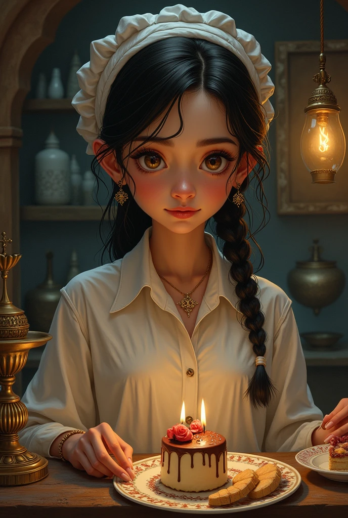A young confectioner with a kind face but a dark atmosphere she has small Arabic features 
