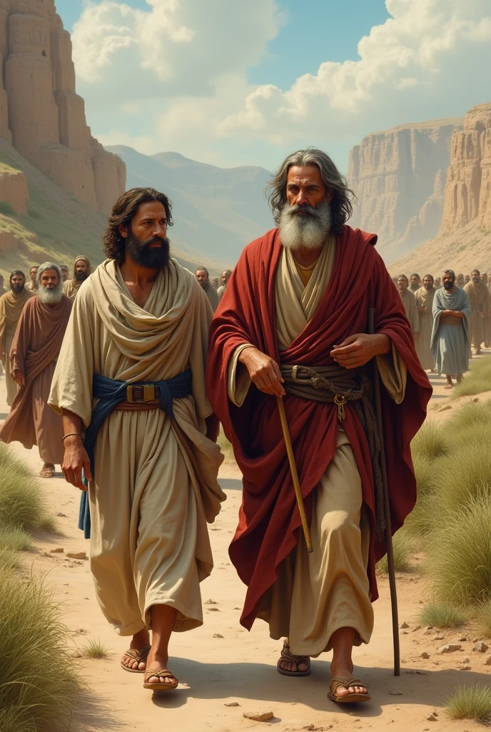 Elisha following Elijah to different places (Betel, Jericho, Jordan), with other prophets in the background, but Elisha always by Elijah&#39;s side, representing persistence and loyalty to the calling.