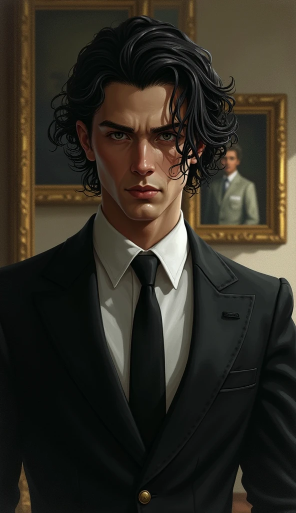 In Kenos's portrait, his hair flows in shadowy waves, framing his face with mystery. His intense gaze draws viewers in, hinting at his enigmatic allure. Clad in a tailored suit, he exudes precision and sophistication, reflecting his dual roles as a family man and a member of the shadowy underworld. A subtle nod to his family—a framed portrait in the background—adds depth to his character, while the fading backdrop echoes the secrets he keeps close. His composed demeanor hints at the power he wields, inviting viewers to unravel the complexities of his persona.