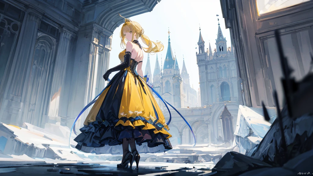 (best quality, masterpiece, detailed), (Expansive landscape photograph where castles, and Ice plains), yellow-haired blue-dressed girl, solo, backshot, look at viewer,  cinematic lighting, clean line drawing, bright colors, modern anime style, late 10s, long twin-tail hair, intricately designed dress, long gloves, corset, tights, heels, golden embroidery, rococo style, full body drawing