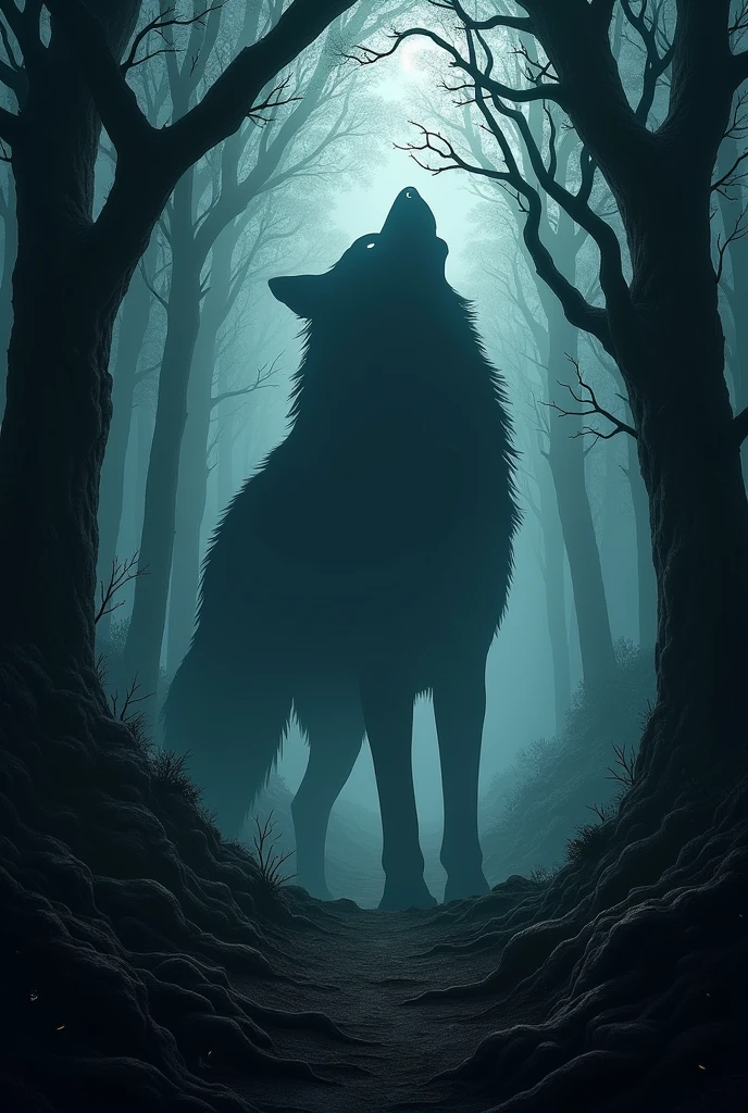 shadow of a large wolf hidden in the forest, which seems like something out of the deepest nightmares.