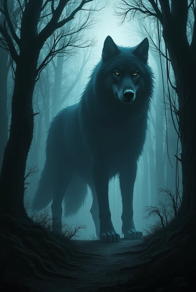 shadow of a large wolf hidden in the forest, which seems like something out of the deepest nightmares.