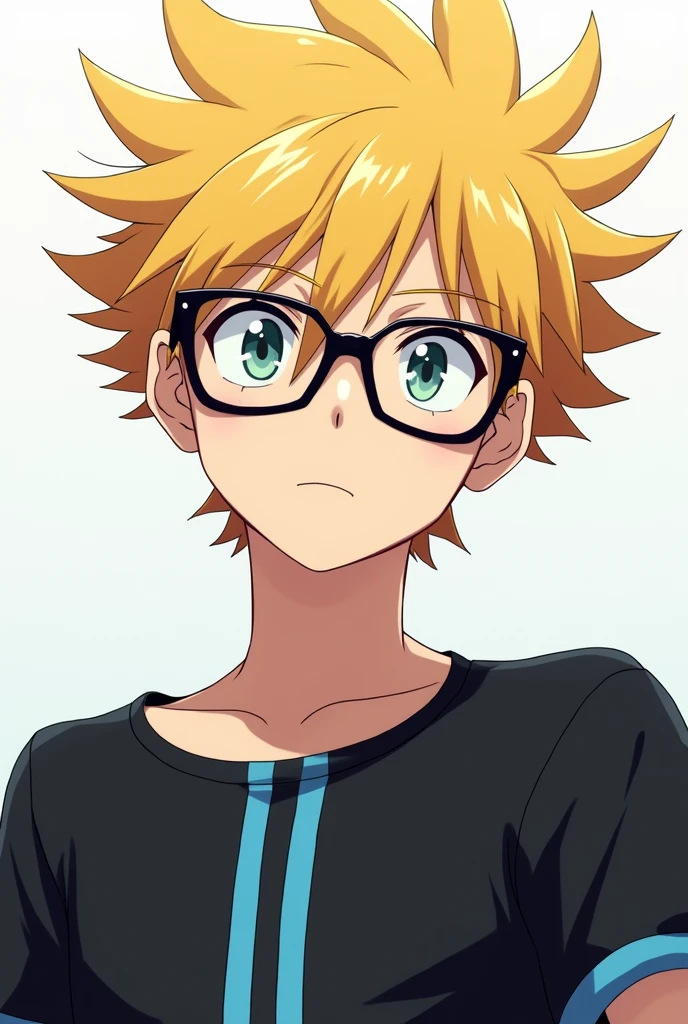 Create a male anime with blond hair but spiked hair and black glasses with a black shirt with a blue vertical line