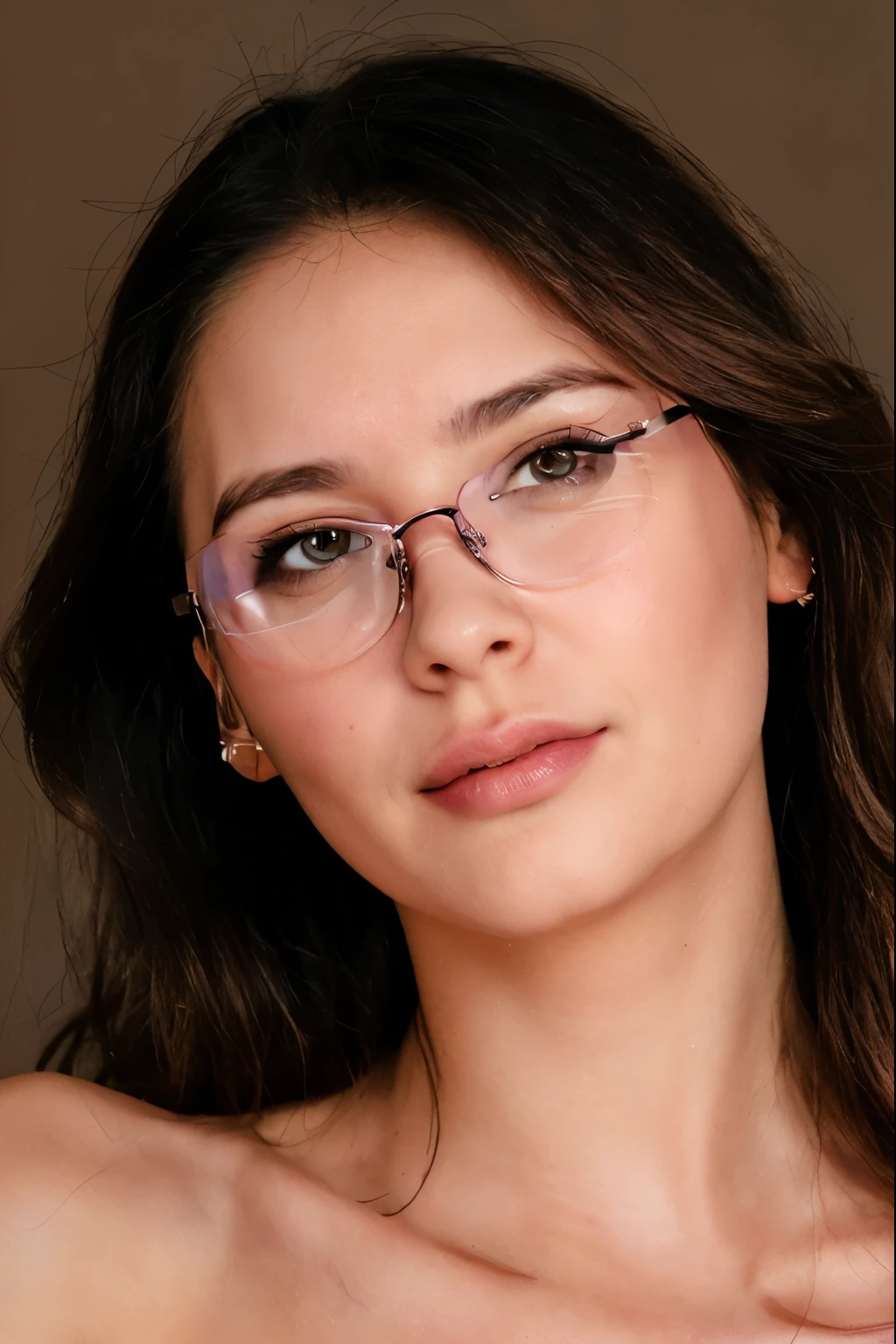 face woman with glasses, pink dress