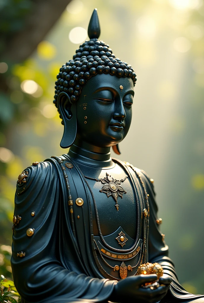hightech cyber predator buddha statue from space with visible circuits on his face, from the future, cyberpunk, highly detailed, hyper realistic, intricate details, obsidian, shiny, reflective, glowing aura, dramatic lighting, cinematic composition, serene expression, peaceful meditation pose, ornate decorations, gold accents, natural environment, lush foliage, sunbeams, photorealistic, 8k, masterpiece, cs-m3tal-ok_v06-1000