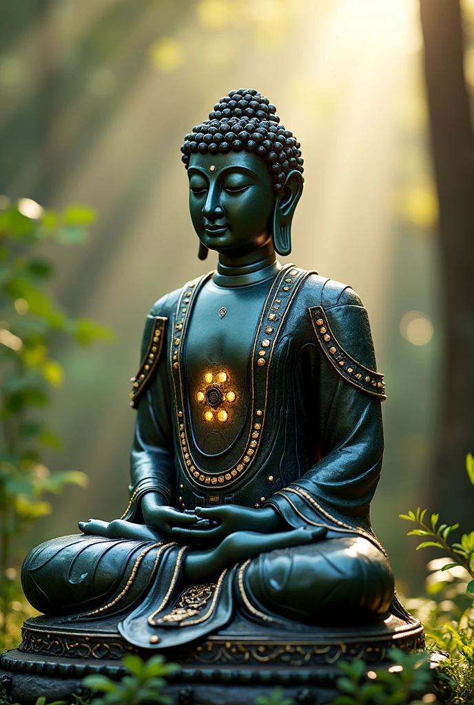 hightech cyber predator buddha statue from space with visible circuits on his face, from the future, cyberpunk, highly detailed, hyper realistic, intricate details, obsidian, shiny, reflective, glowing aura, dramatic lighting, cinematic composition, serene expression, peaceful meditation pose, ornate decorations, gold accents, natural environment, lush foliage, sunbeams, photorealistic, 8k, masterpiece, cs-m3tal-ok_v06-1000
