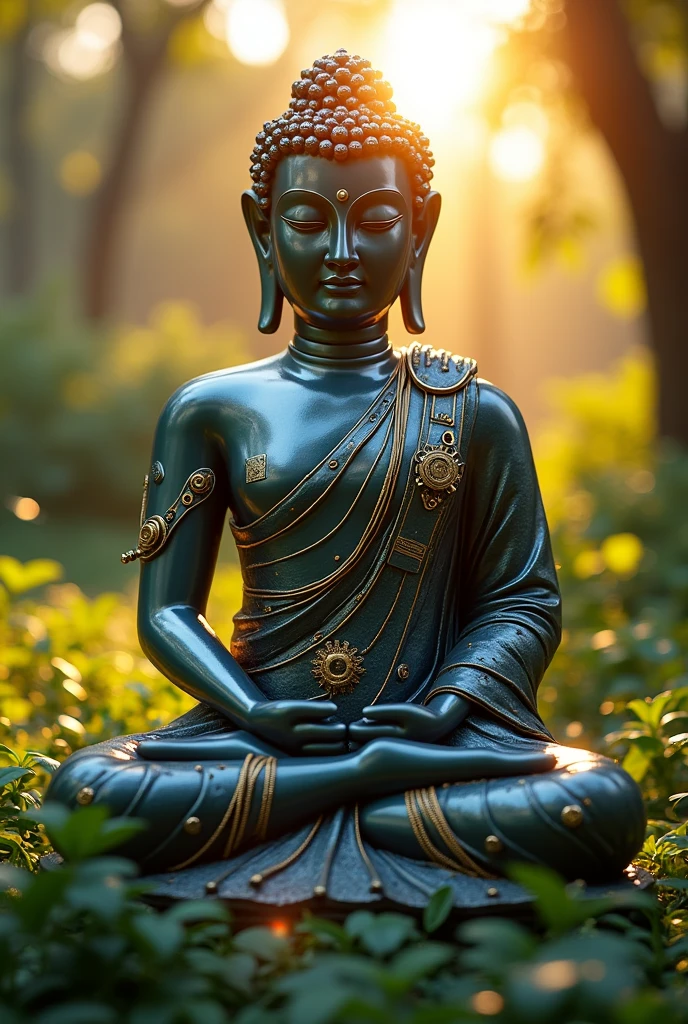 hightech cyber predator buddha statue from space with visible circuits on his face, from the future, cyberpunk, highly detailed, hyper realistic, intricate details, obsidian, shiny, reflective, glowing aura, dramatic lighting, cinematic composition, serene expression, peaceful meditation pose, ornate decorations, gold accents, natural environment, lush foliage, sunbeams, photorealistic, 8k, masterpiece, cs-m3tal-ok_v06-1000
