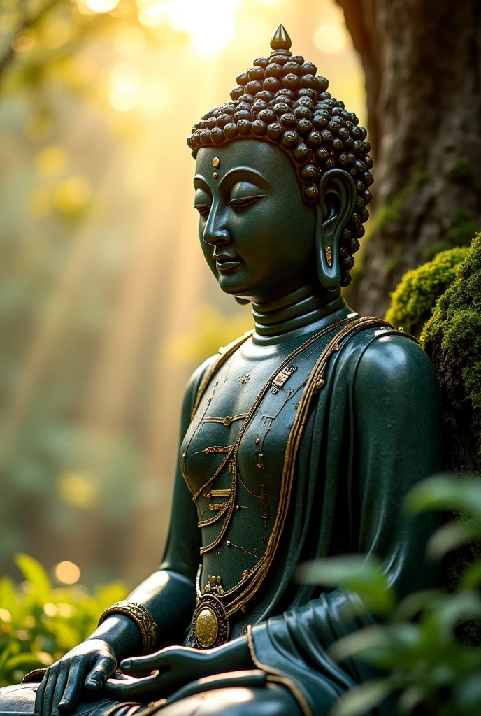 hightech cyber predator buddha statue from space with visible circuits on his face, from the future, cyberpunk, highly detailed, hyper realistic, intricate details, obsidian, shiny, reflective, glowing aura, dramatic lighting, cinematic composition, serene expression, peaceful meditation pose, ornate decorations, gold accents, natural environment, lush foliage, sunbeams, photorealistic, 8k, masterpiece, cs-m3tal-ok_v06-1000
