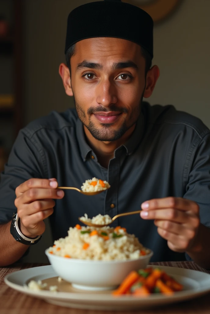 Make me a picture of a young man eating rice White Muslim as a side dish And wearing a black cap