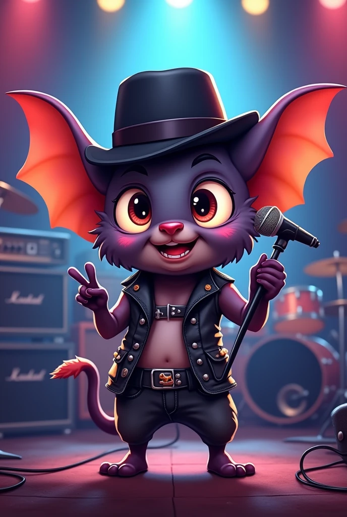 Cute cartoon bat with black gangster hat, singing in rock band outfit

