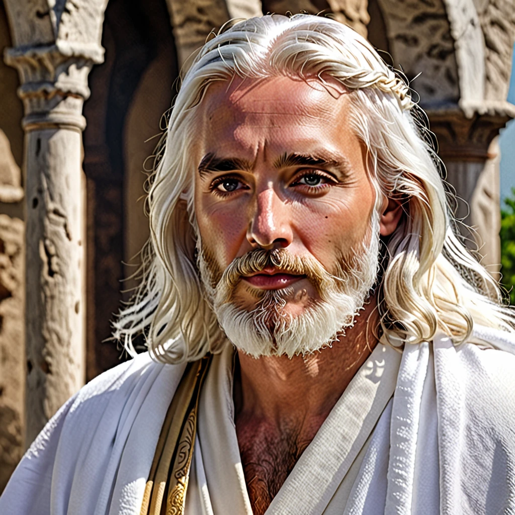Jesus with white hair and beard in white robes realistic photo image high definition realistic
