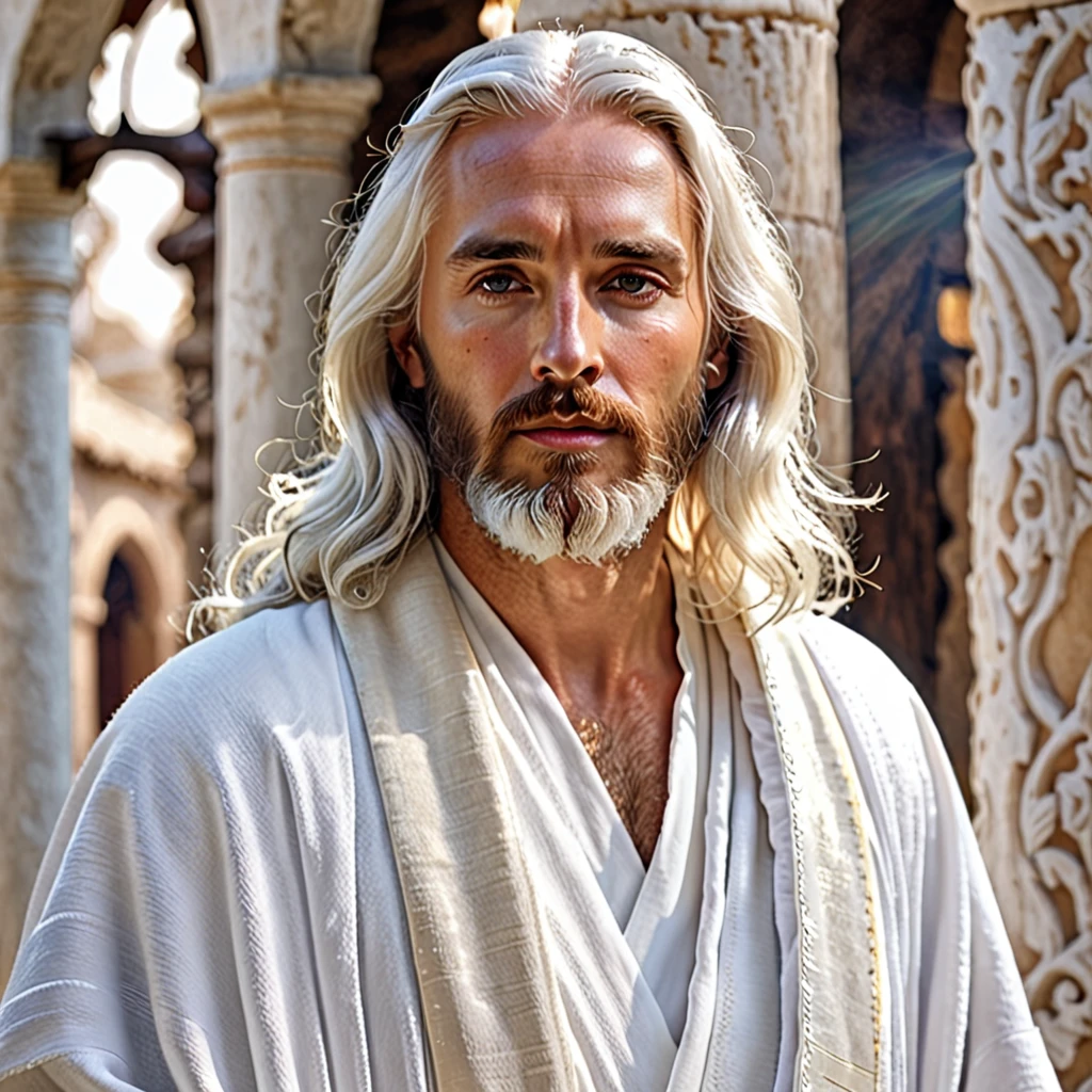 Jesus with white hair and beard in white robes realistic photo image high definition realistic
